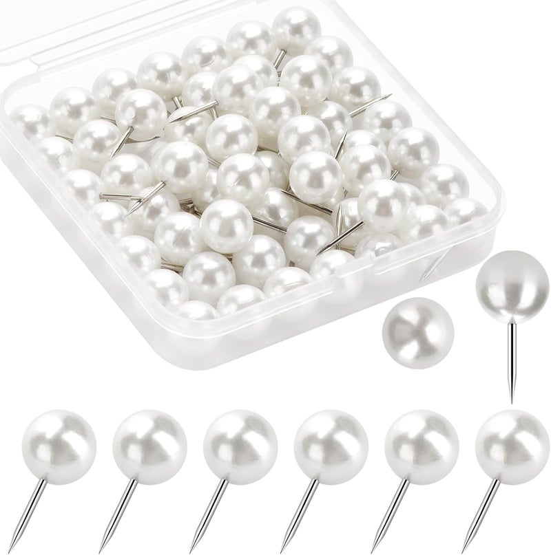Wteehn 60 Pcs Push Pins, Thumb Tacks for Decorative Wall, Pearl White Thumbtacks for Bulletin Board Corkboard Map Calendar Photo Home Office - Image 1
